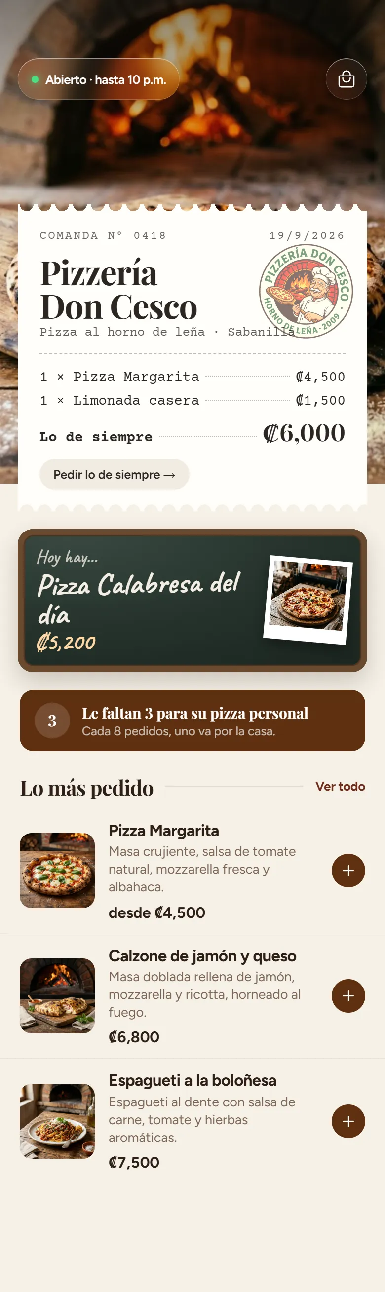 Pantalla de inicio de la app de pedidos de una pizzería