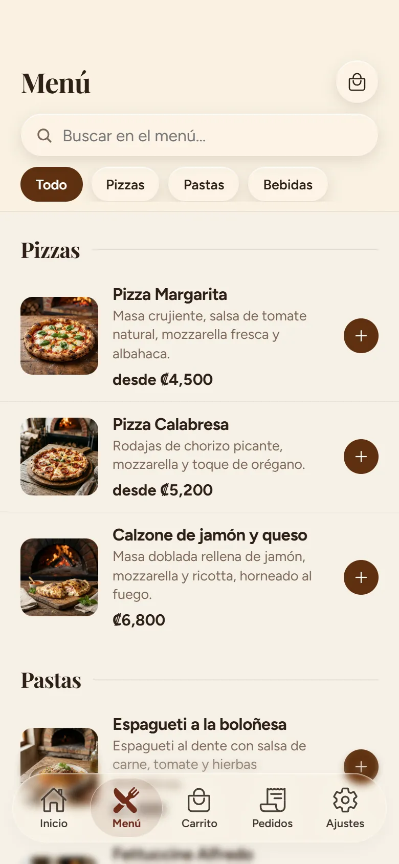 Menú de la app con fotos y precios
